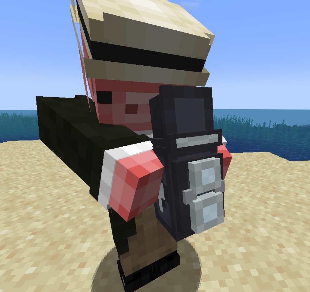 Minecraft character holding a TLR film camera model