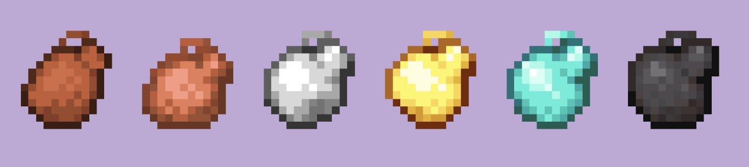 Leather, Copper, Iron, Gold, Diamond, and Netherite water canteens