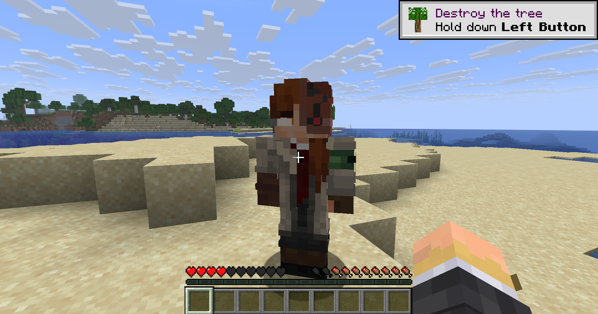 A scientist that has a red eye at the right, a normal eye at the left, overgrown hair, and a grayish + brown clothing.