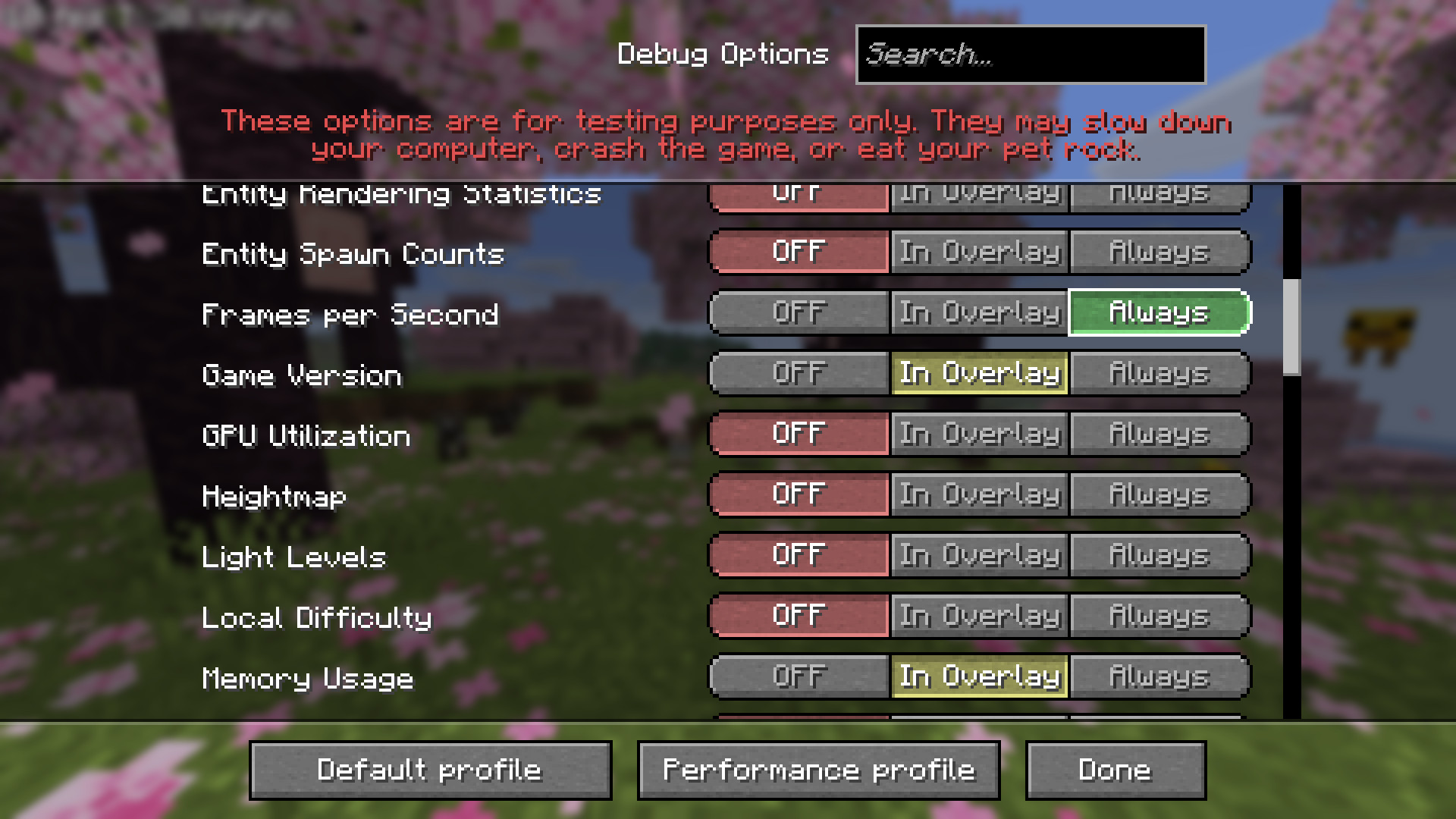 A screenshot of the improved "Debug Options" screen.