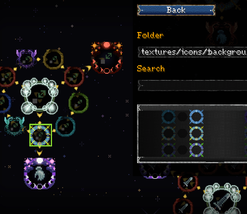 GUI change for the buttons in the options menu and different icon frames for keystone, notable, crafting and basic with different designs such as magic rings, dragons, ouroboros, magic sigils and adorned frames with moon designs. All of them in different colours like red, orange, yellow, lime, cyan, teal, blue and more.