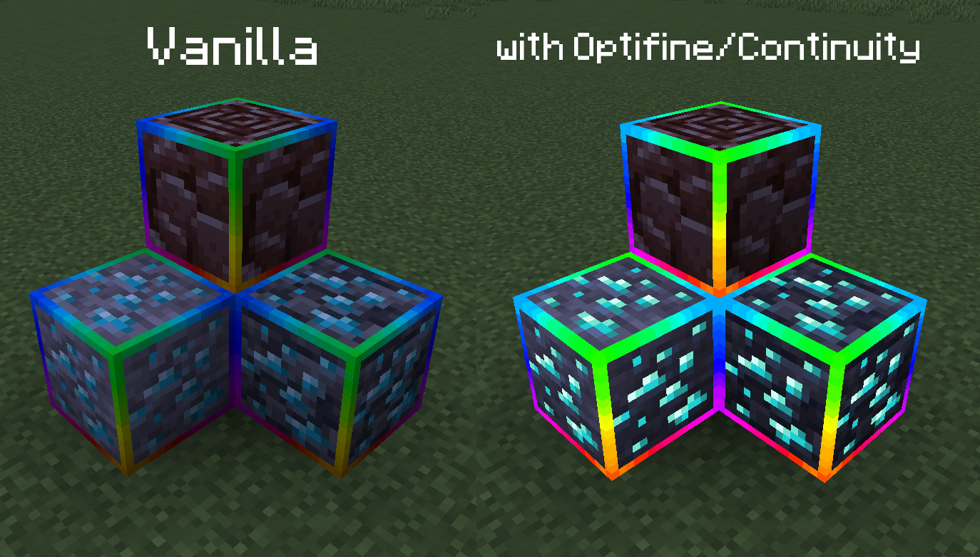 Comparing the blocks without mods and with mods showing that they lit up with mods