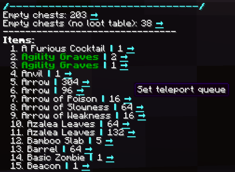 Summary tool output, displaying information about empty chests and unique item stacks