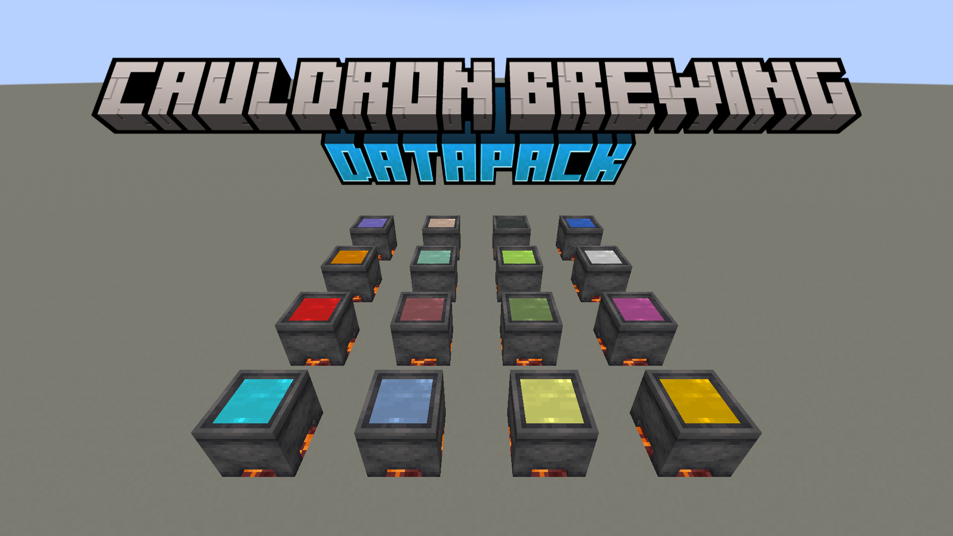 Title image showing off all the different potion colors in cauldrons