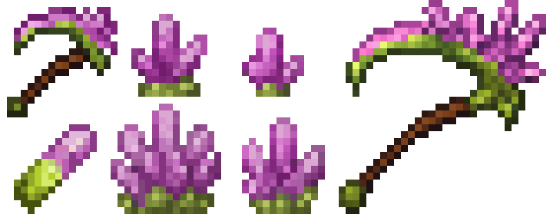 Image showing the textures of the Perithyst Crystals, the Perithyst Shard and the Perithyst Scythe.
