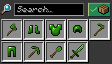 This image shows all custom craftable items made from emeralds (Armor: Helmet, Chestplate, Leggings, Boots / Tools: Sword, Pickaxe, Axe, Shovel, Hoe))