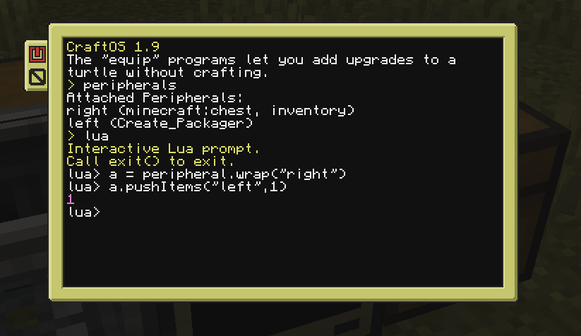 Screenshot of a CC computer making a transfer to a Packager