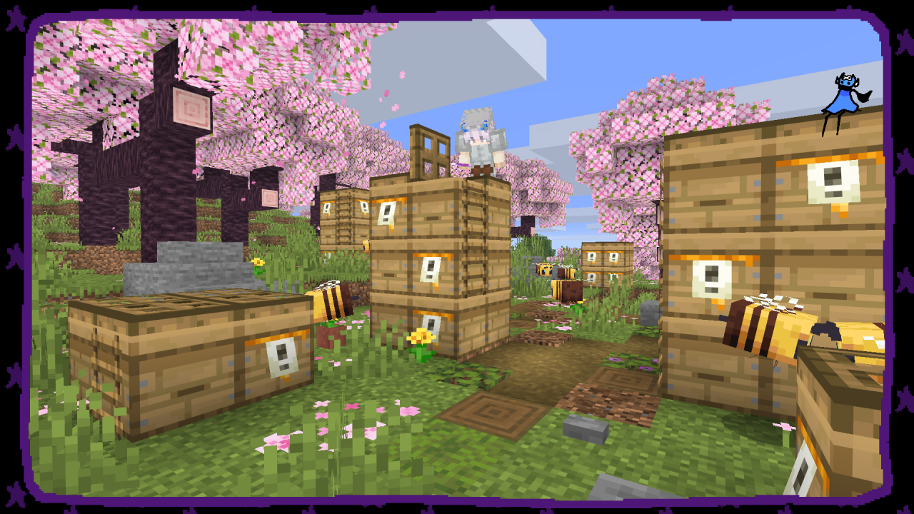 A picture of a build showcasing the custom beehive models in a cherry grove biome