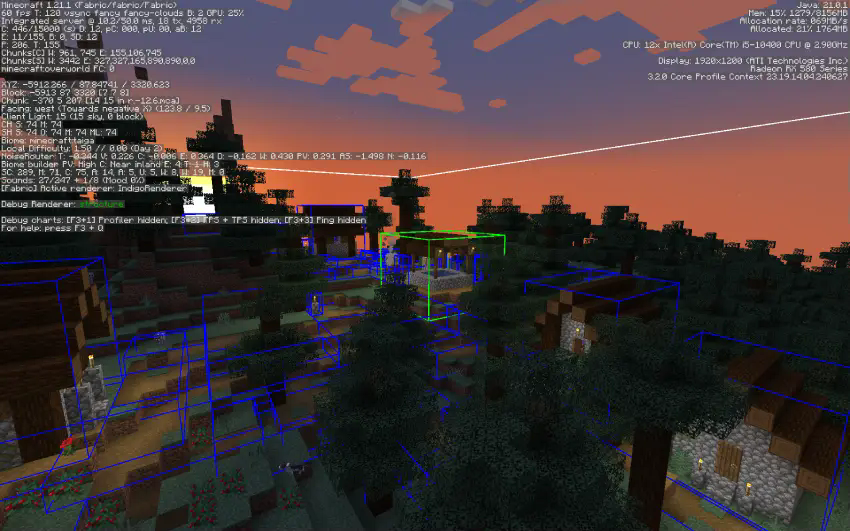 A minecraft taiga village with various blue boxes around each structure, with a green box around the central well and a white box around the whole village. The sun is setting in the background, and the F3 screen is open with a new piece of text on the left side stating "Debug Renderer: structure" (with "structure" in green)