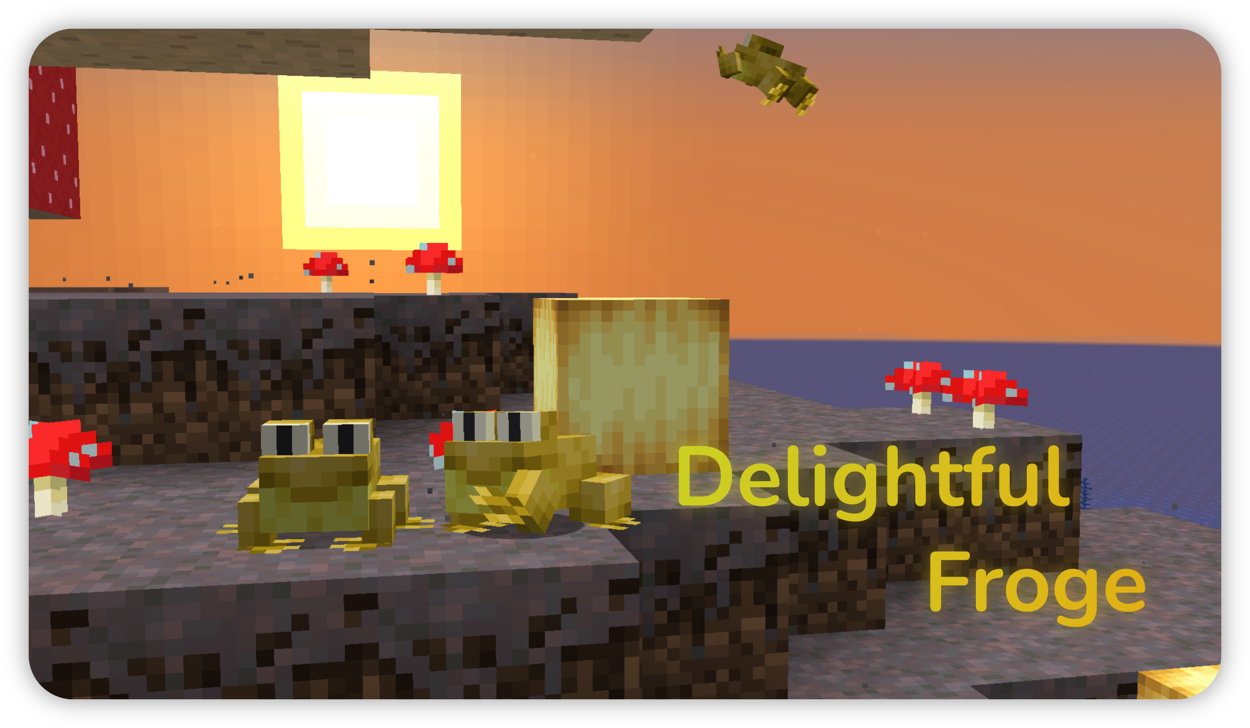 "delightful froge" header, picturing two froges in front a sunrise