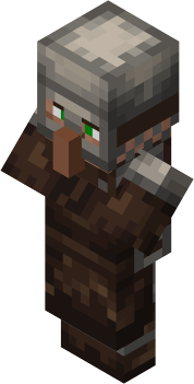 Minecraft Villager in a full-body leather suit and an iron helmet with visor
