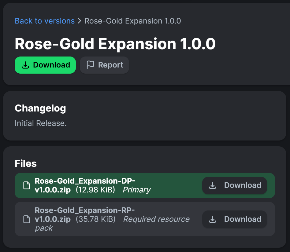This image shows where to download the Datapack and Resource Pack (Versions tab).
