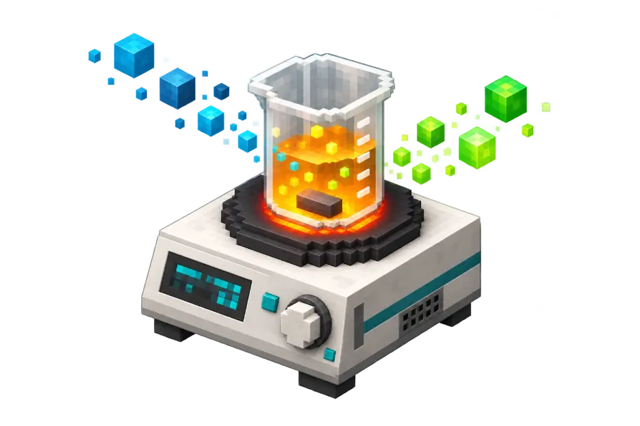 A model-inspired white-enamel Hotplate heating and stirring an amber solution while blue reactant cubes become green product cubes