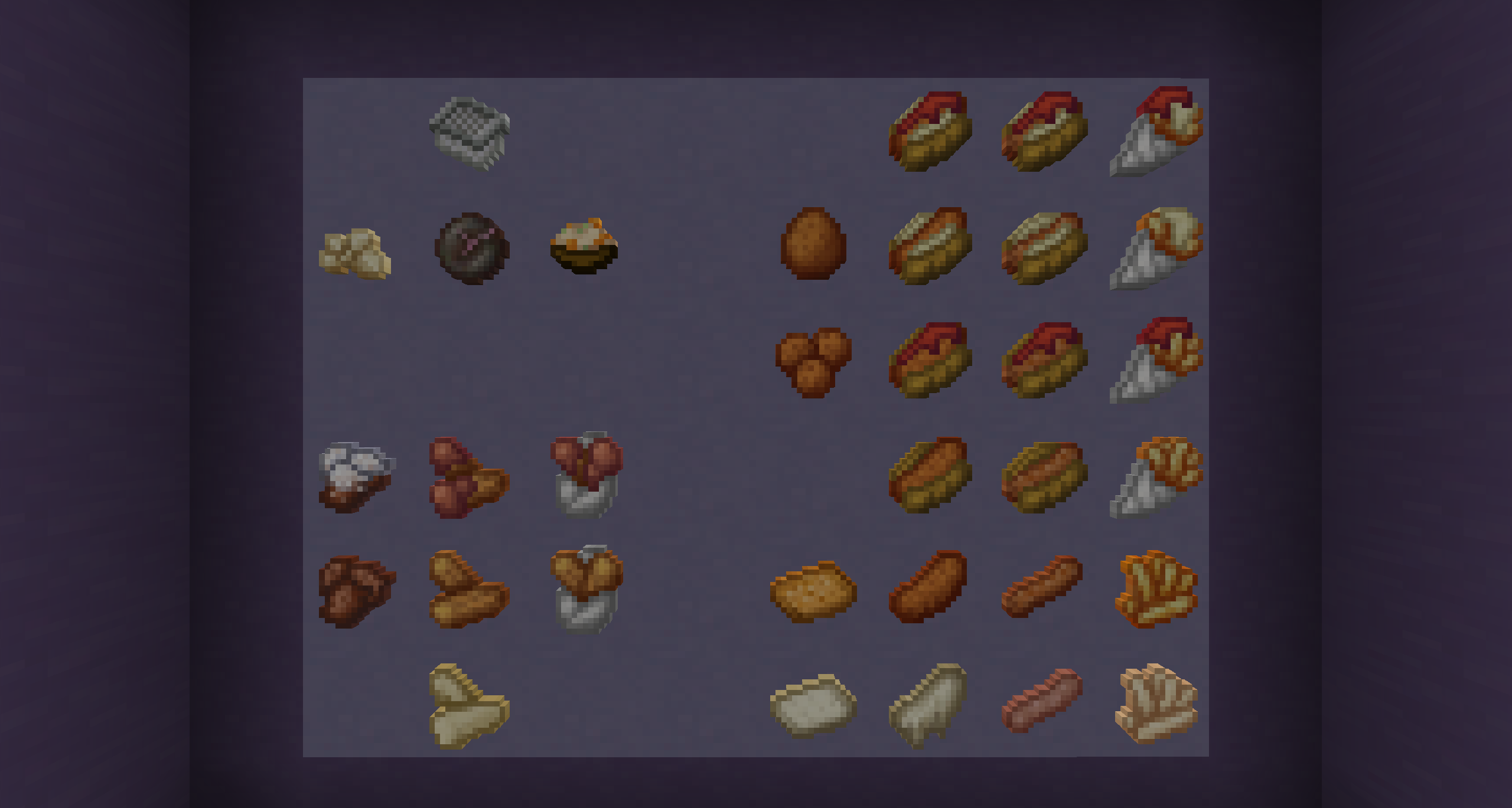 Fresh Batch - All retextured items modified by this resource pack displayed in organized rows