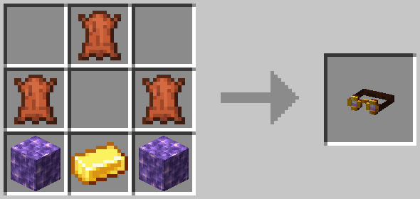 Crafting recipe for the amethyst goggles, two blocks of amethyst at the bottom on either side, a gold ingot between them, two leathers on either side in the middle row, one leather in the middle at the top row.