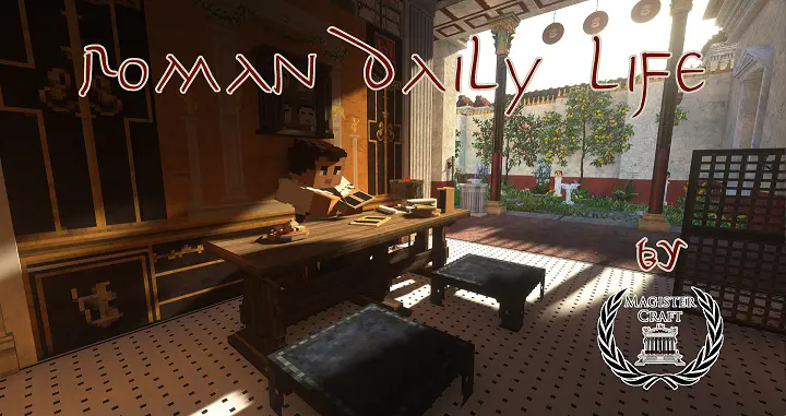 In this image can be seen a Roman man sitting at a table just at the break of dawn. He is reading a wax tablet. In the background is a garden with flowers, statues, and a birdbath.