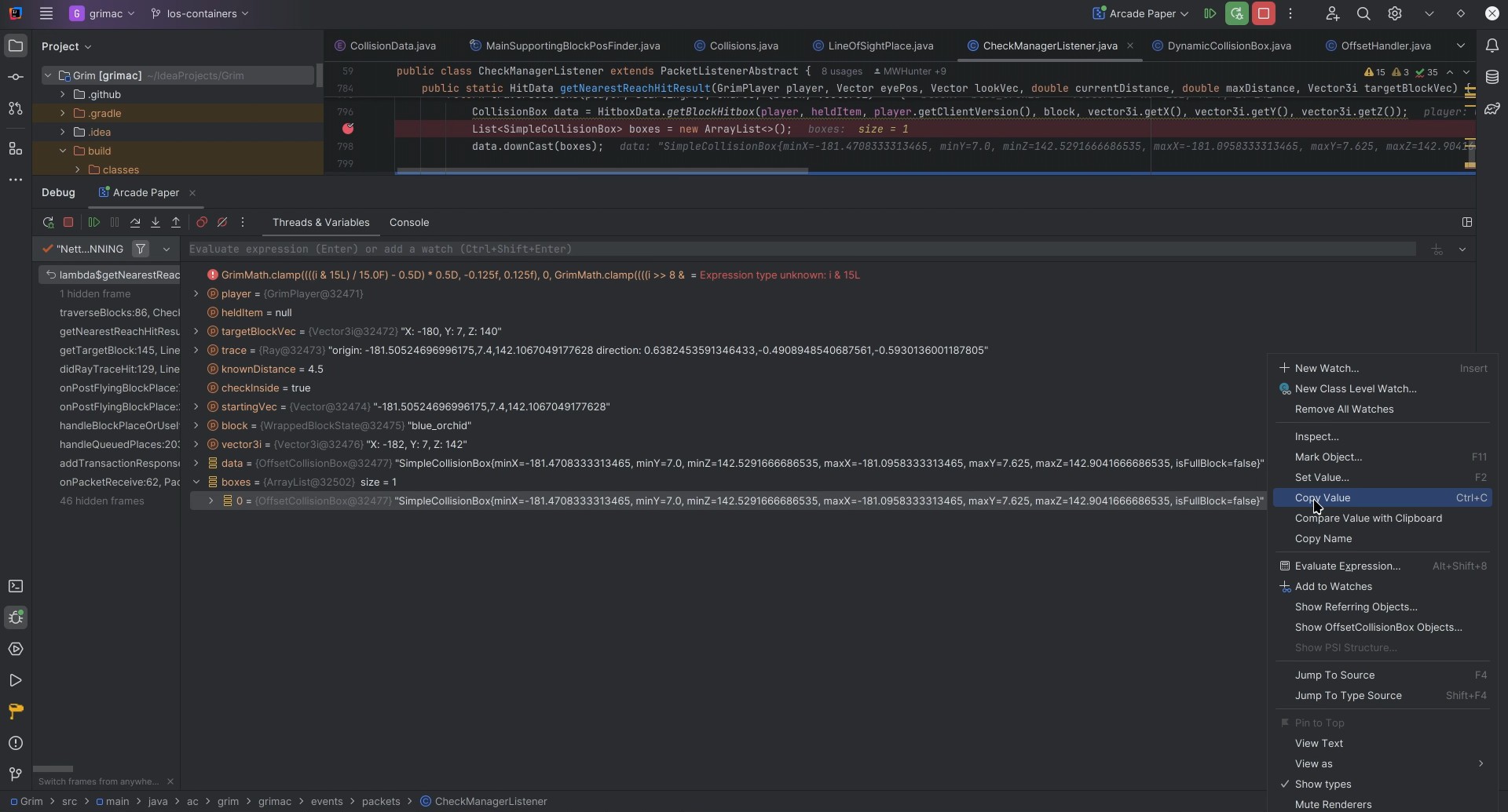 showing copying bounding box debug text from box variable in debugger