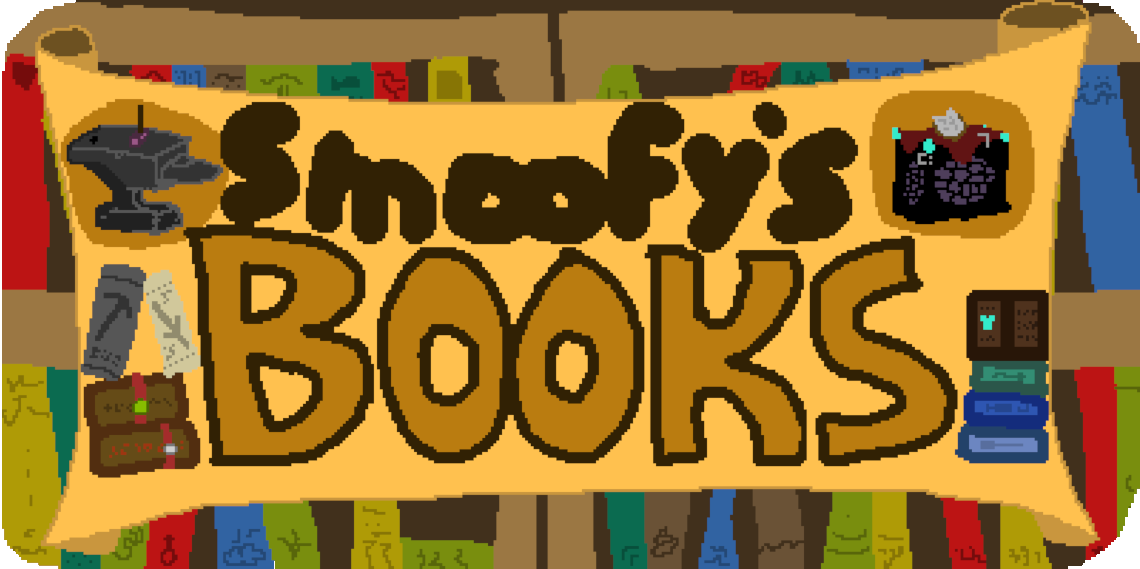 An off-yellow scroll containing the central text "Smoofy's Books" with adjacent images of books, an anvil, and an enchanting table, all in front of a bookshelf background