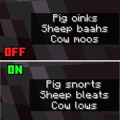 A graphic that compares the captions with and without the resource pack enabled
