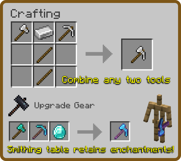 Multitools craftable from any two tools with their material and two sticks in a crafting table. Tools can also be upgraded in the smithing table to retain enchantments!