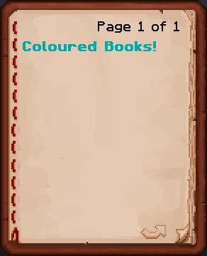 A book showing "Coloured Books!" in bold cyan