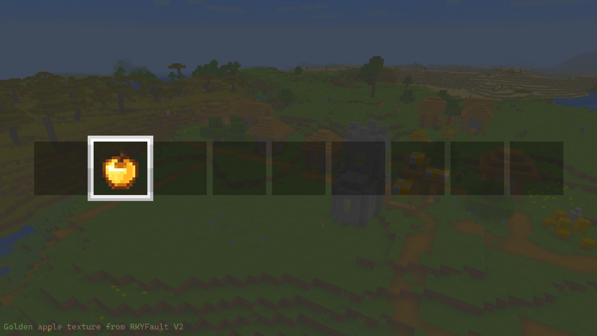 Square hotbar showcase in front of Minecraft background, with Golden Apple selected