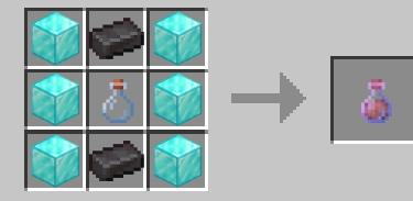 InfusePotionRecipe: 3 diamond block on the very left and right side, 2 netherite ingot on top and down and glass bottle in middle.