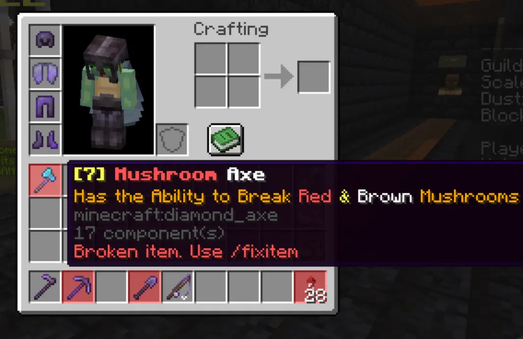 The player's inventory with multiple items inside. A box highlighed item in red is being hovered, A new line in the minecraft tooltip is advising the user to run /fixitem