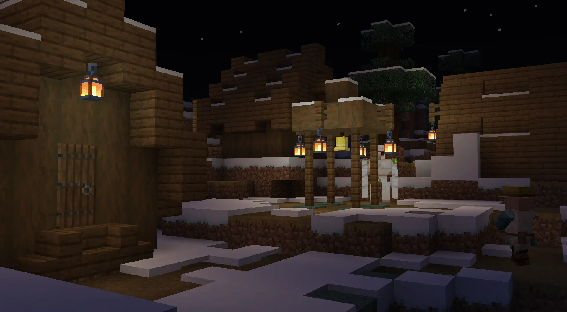 A scene of a snowy village with the customized lanterns