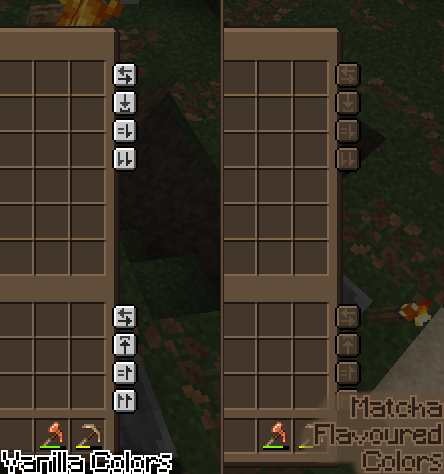 A split screenshot comparing Client Sort inventory UI buttons. On the left labeled "Vanilla Colors", the action buttons are bright white and gray. On the right labeled "Matcha Flavoured Colors", the buttons are recolored in a muted dark brown tone to match the Matcha GUI palette.