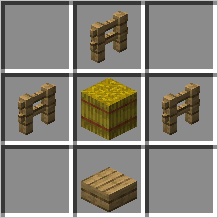 Crafting recipe for the chicken coop; Three fences, one in top-center, one in middle-left, and one on the middle-right. A haybale in the center, and a slab on the bottom center.