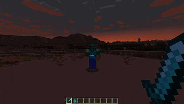 Player hits zombie with diamond sword, damage numbers spray out from the zombie