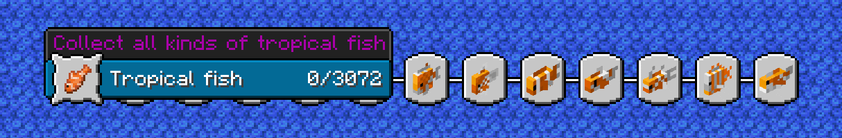 The main advancement tab with a blue coral background. An advancement that requires you to fish all tropical fish and 12 categories of fish, each requiring 256 tropical fish to fish.