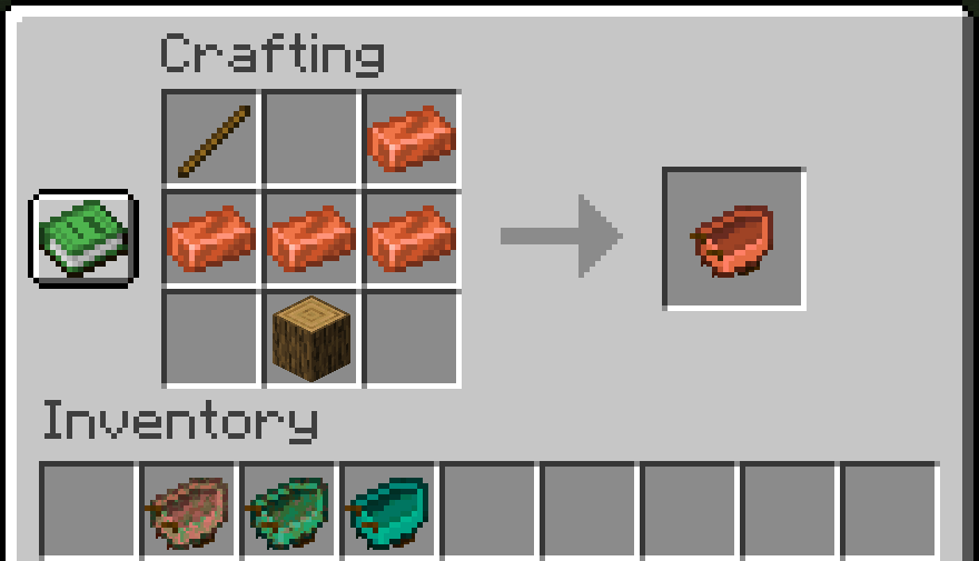 Minecraft crafting table inventory with the wheelbarrow recipe and 4 oxidation level item variants