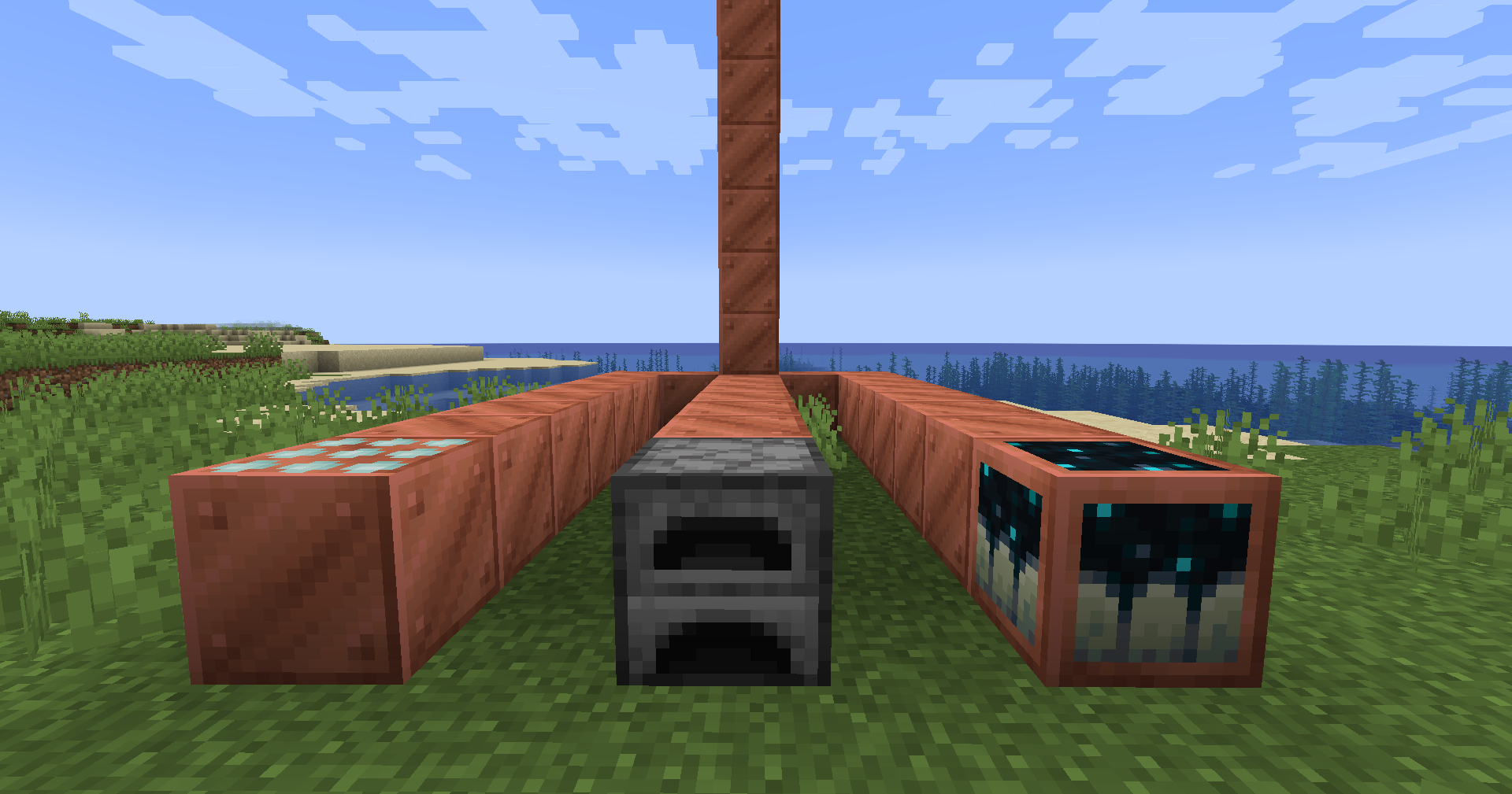 3 Ways of generating energy, on the left solar, middle furnace, right copperfied sculk catalyst.