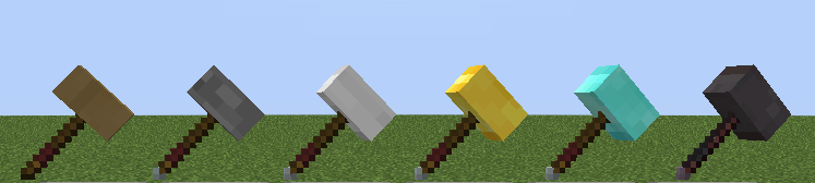 Hammers with vanilla material tiers (wooden, stone, iron, golden, diamond, netherite).