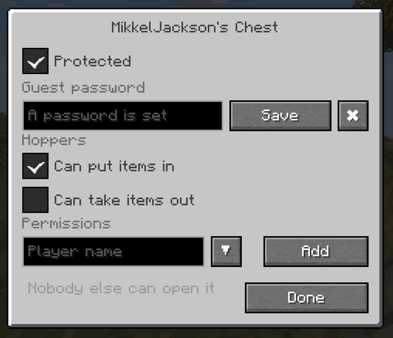The chest settings screen