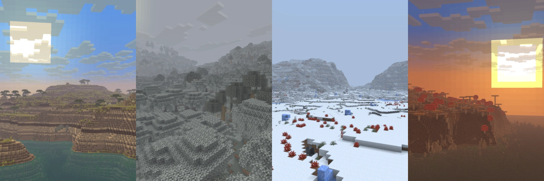 Savanna Plateau, Pale Garden, Snowy Plains, and Mushroom Field