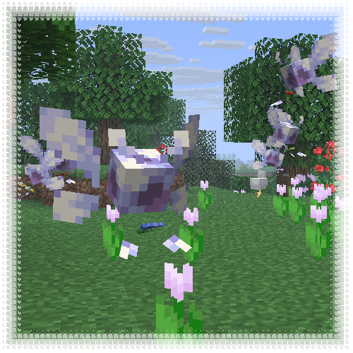 A bunch of allays, flying in a flower forest during daytime