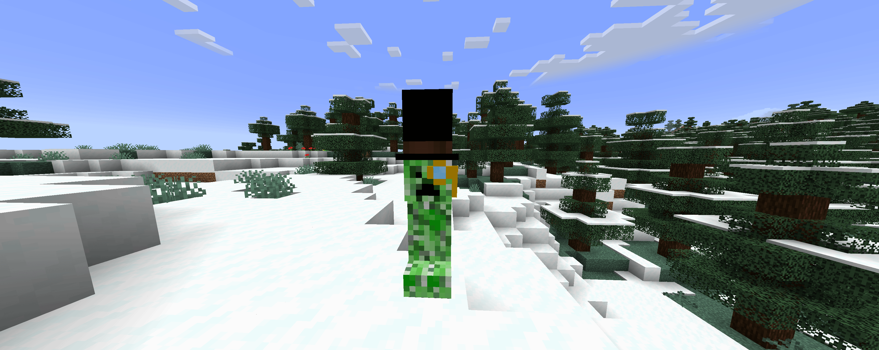 Creeper in a snowy plains biome wearing a monocle and a top hat