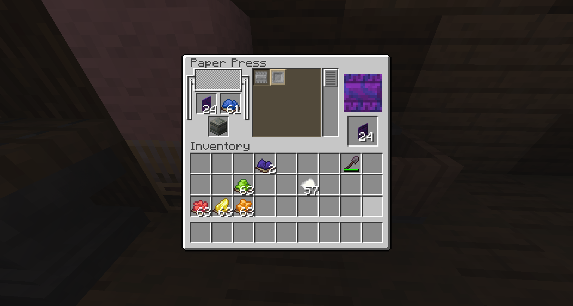 UI for a Paper Press block. Looks nearly identical to loom, but the preview is a square instead of a rectangle. The preview showcases a purple square with 2 blue vertical squiggly lines with shading to resemble chiseled tuff