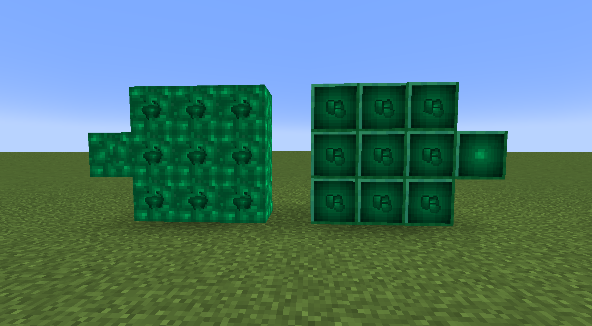 Raw Dozaryte Block looks like blocks of Raw Iron or Gold, but green, Dozaryte Block looks like a Diamond Block, but green