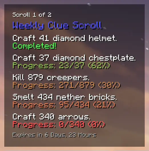 An example of what the HUD element looks like in-game, showing the details of a partially complete weekly clue scroll.
