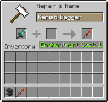 Recipe for changing name Sword to Kamish Dagger