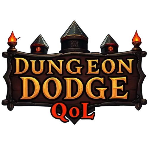 A logo with a castle and a sheild and the words dungeon dodge qol