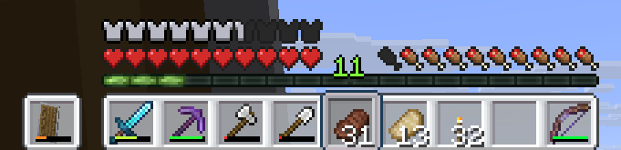Minecraft Survival HUD the items are: Diamond Sword with 75% durability, Enchanted Netherite Pickaxe that's mostly new, Iron Axe, Iron Shovel, 33 Steak, 14 Porkchops, 32 Torches, 40 Dirt. Offhand has a Shield. The player has the 33 Steaks selected.