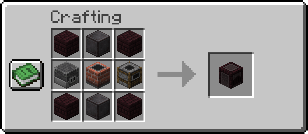 Crucible crafting recipe: 4 nether bricks in each corner, 2 netherite blocks on the top and bottom, middle row of a blast furnace, kiln, and smoker (can be in any order)