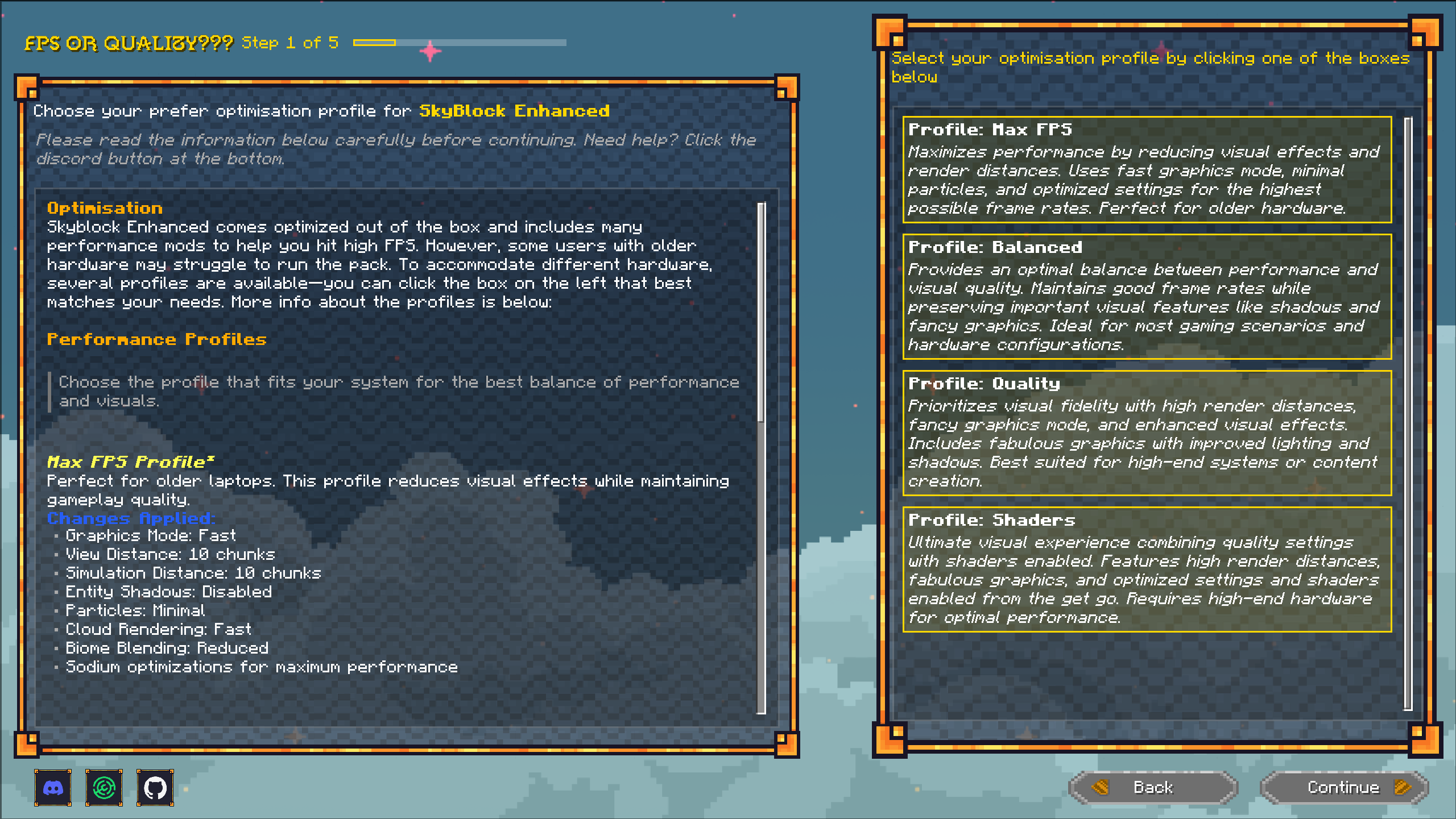 SkyBlock Enhanced optimization profile selection screen showing four performance options: Max FPS, Balanced, Quality, and Shaders