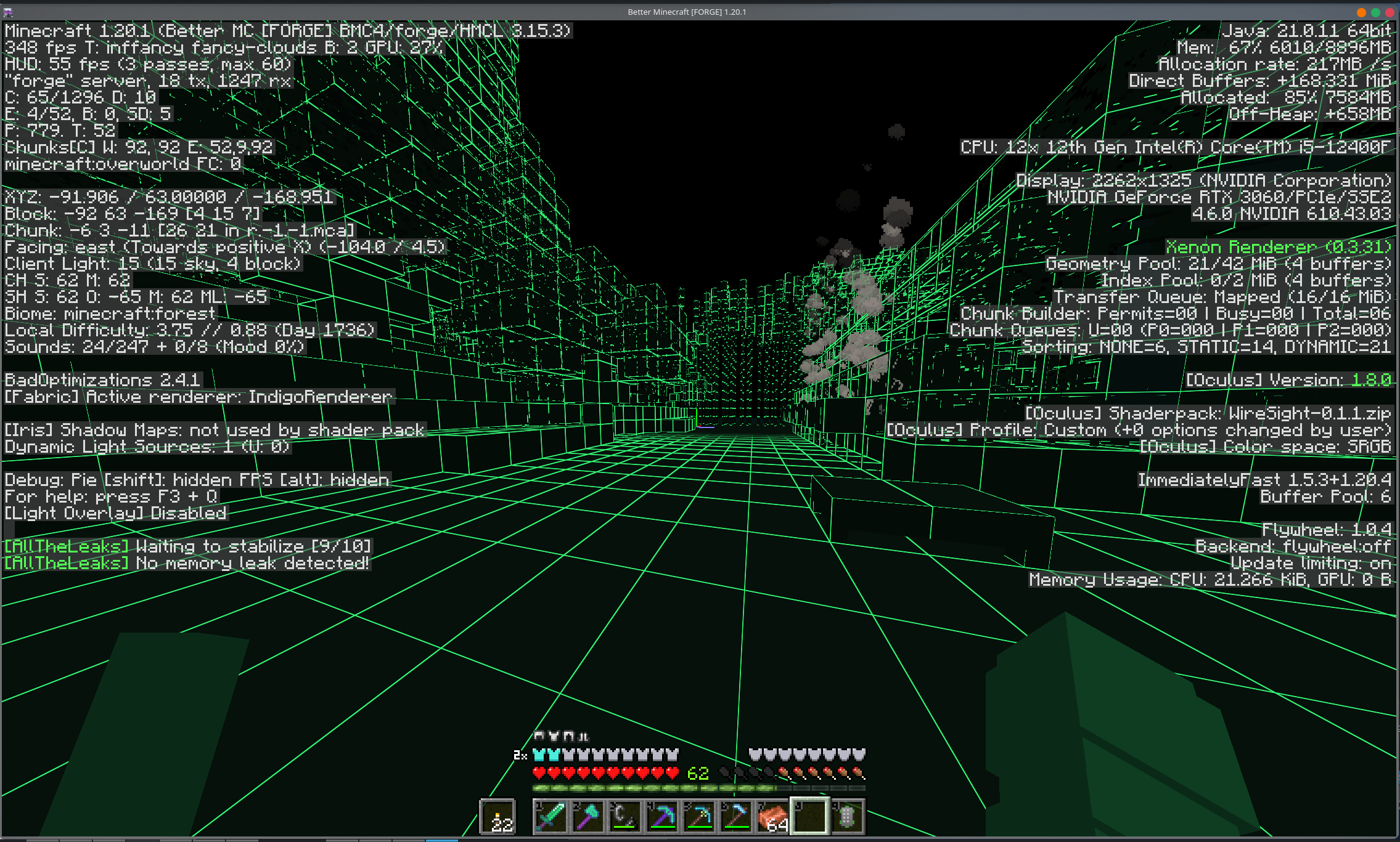 WireSight rendering a Minecraft world as green wireframe geometry