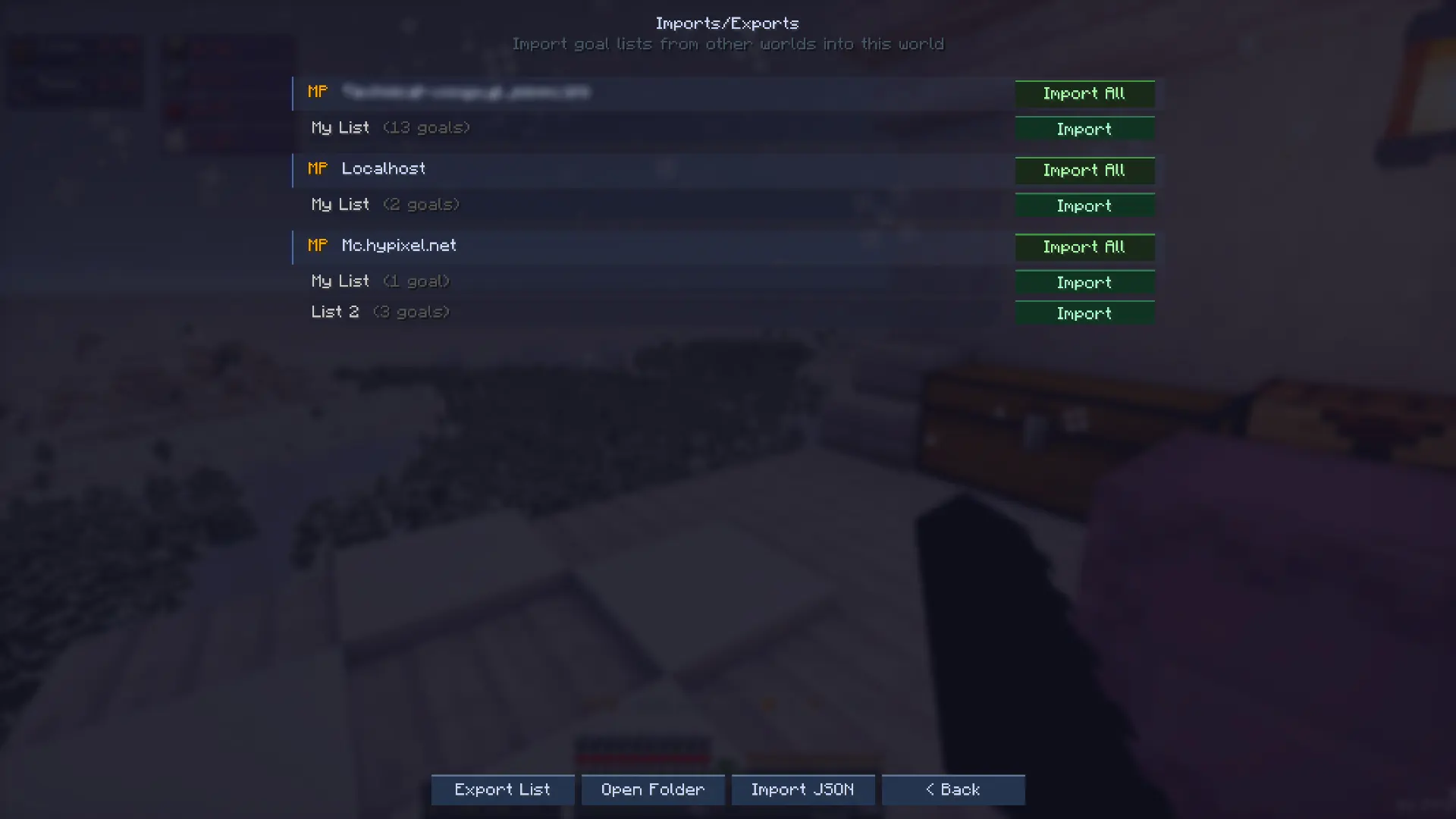 Imports showcase showing goal list import options across worlds